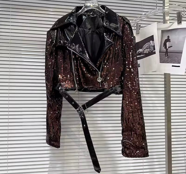 Women Fashion Sequins PU Buckled Jacket