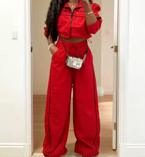 Women Fashion Zip Up Striped Tracksuit Two Piece Pant Set