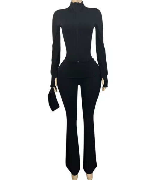 Women Color Zip Up Fashion Tracksuit Two Piece Pant Set