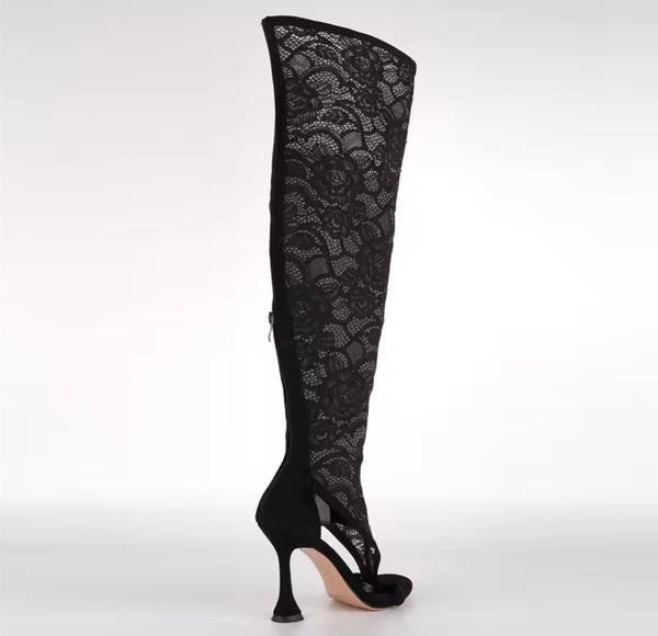 Women Black Open Toe Lace Fashion Knee High Boots