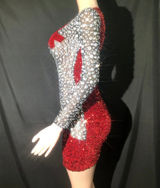 Women Sexy Red Sequins Bling Patchwork Full Sleeve Dress