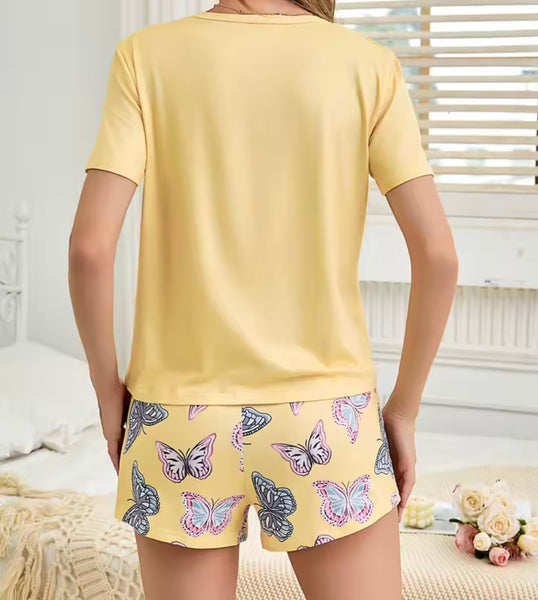 Women Yellow Butterfly Print Short Sleeve Lingerie Short Set