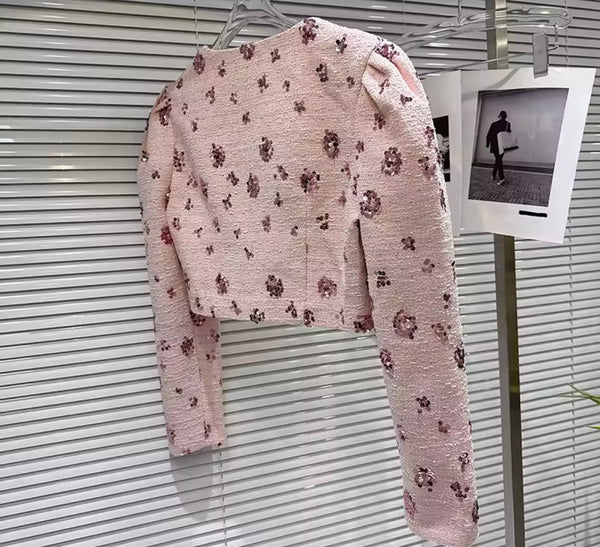 Women Pink Printed Sequins Full Sleeve Two Piece Skirt Set