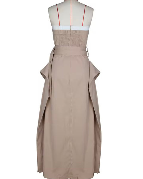 Women Sexy Strapless Button Up Color Patchwork Belted Dress