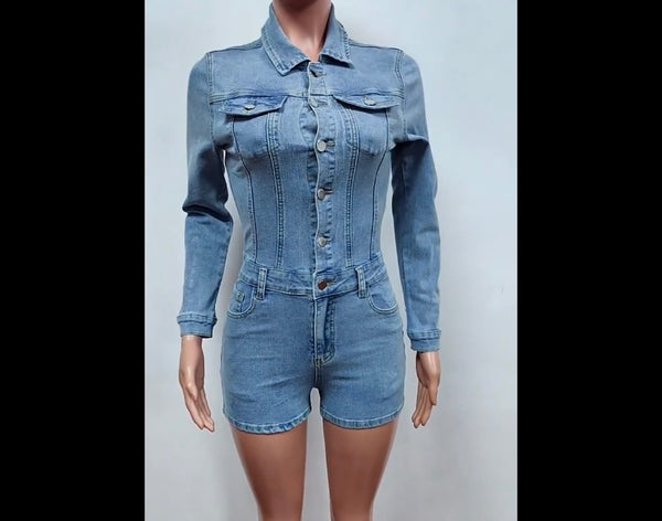 Women Button Up Full Sleeve Fashion Denim Romper