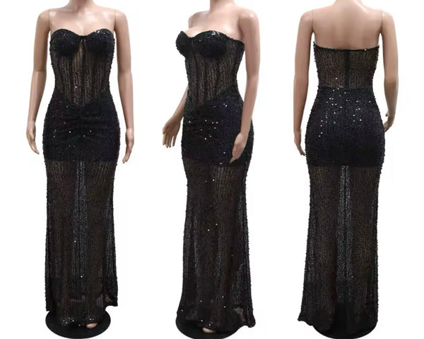 Women Black Strapless Sexy Sequins Mesh Maxi Dress
