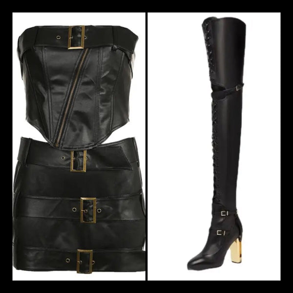 Women Black Gold Heel Fashion Lace Up Thigh High Boots