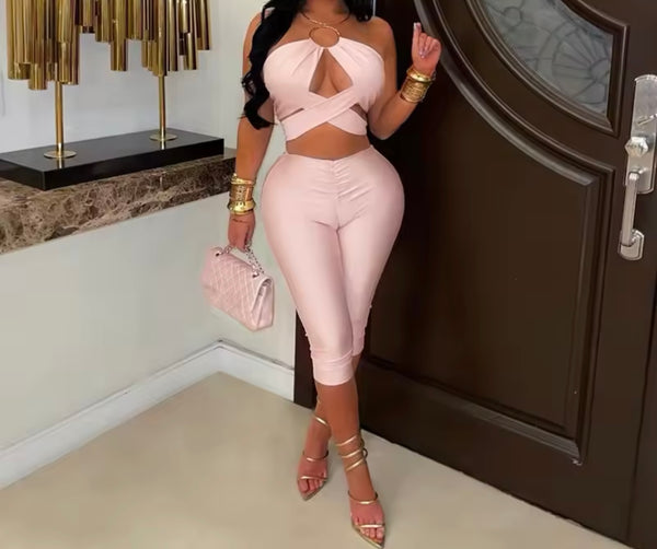 Women Sexy Halter Sleeveless Wrap Crop Two Piece Capri Pant Set