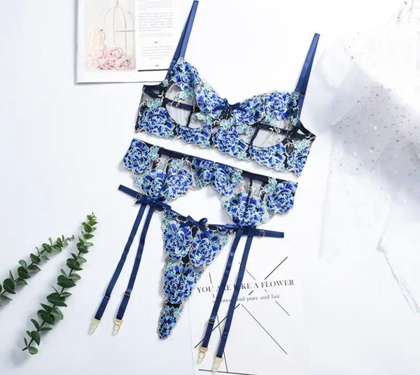 Women Sexy Blue Floral Mesh Lingerie Set