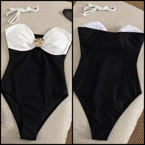 Women Sexy B&W Strapless Ruched Sweatsuit