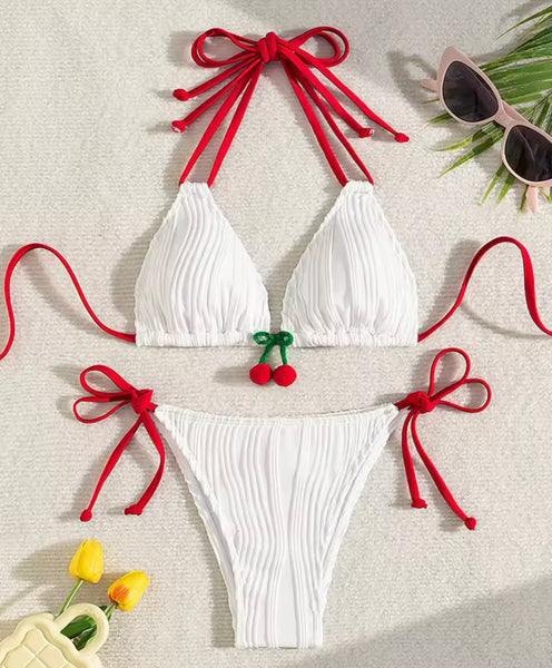 Women Sexy Halter Tie Up Cherry White Bikini Swimsuit