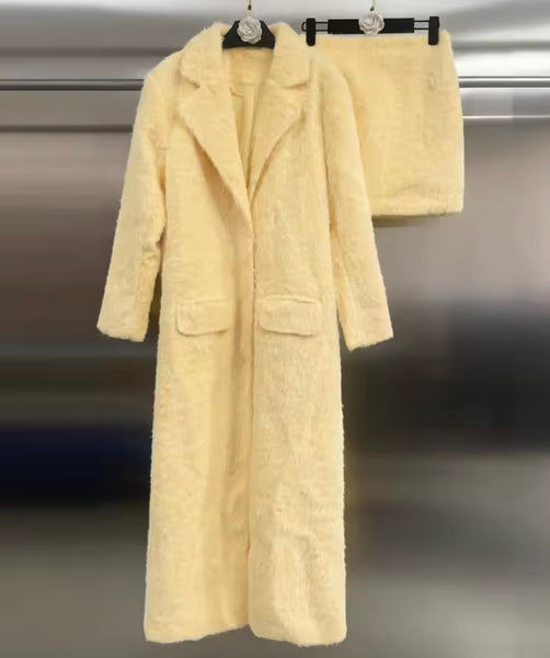 Women Yellow Fashion Furry Long Jacket Two Piece Skirt Set