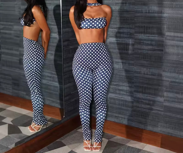 Women Sexy Strapless Polka Dot Open Back Two Piece Pant Set