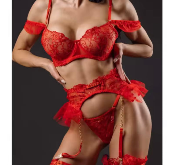 Women Sexy Ruffled Polka Dot Mesh Lace Lingerie Set