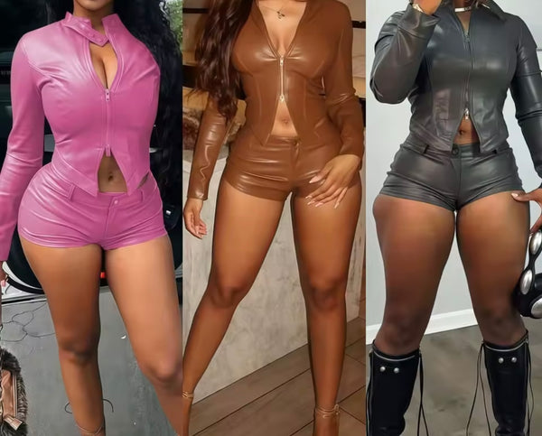Women Color Fashion Faux Leather Jacket Two Piece Short Set
