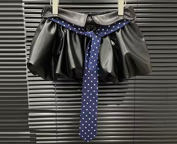 Women Sexy Fashion Black Faux Leather Polka Dot Tie Skirt