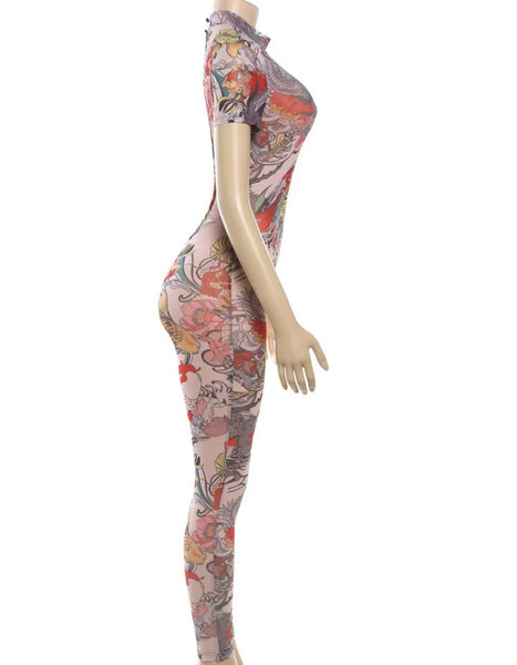 Women Sexy Printed Mesh Open Back Short Sleeve Jumpsuit