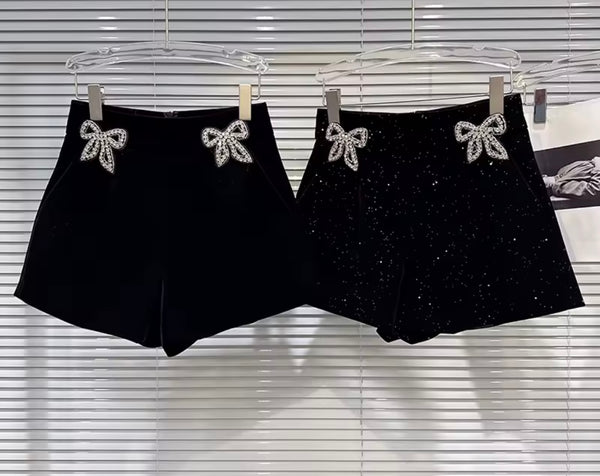 Women Fashion Rhinestone Bow Black Shorts