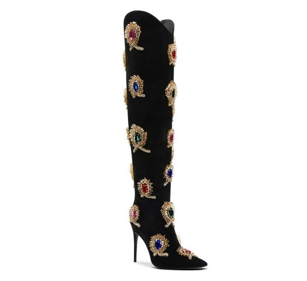 Women Fashion Suede Colorful Gem Knee High Boots