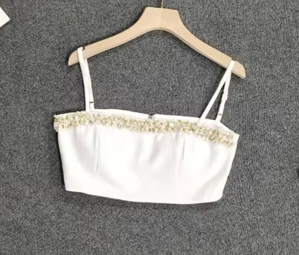 Women White Sleeveless Crop Two Piece Wide Leg Pant Set