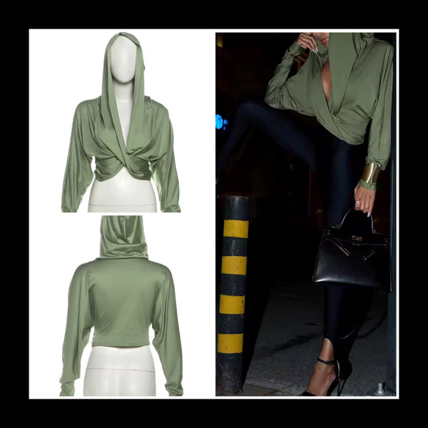 Women Fashion Green Hooded Ruched Full Sleeve Crop Top