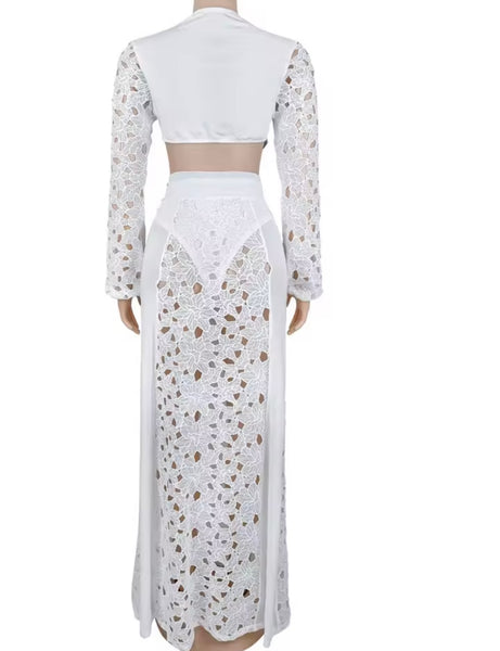 Women White Full Sleeve Bodysuit Two Piece Maxi Skirt Set