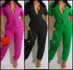 Women Fashion Button Up Short Sleeve Drawstring Jumpsuit