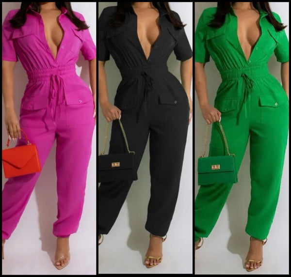 Women Fashion Button Up Short Sleeve Drawstring Jumpsuit