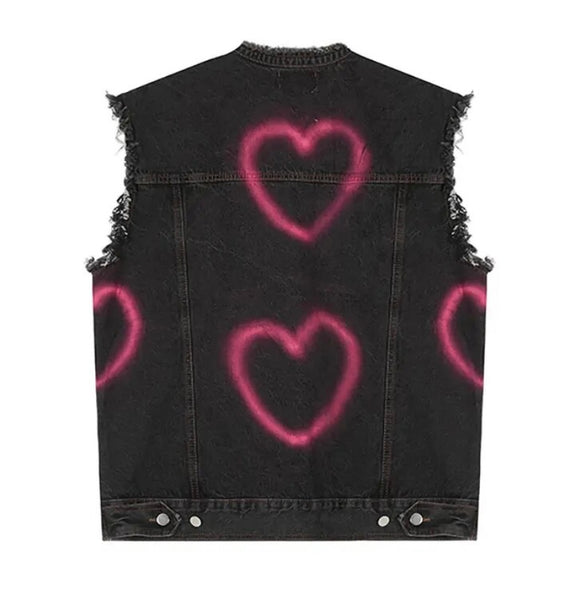 Women Fashion Color Heart Button Up Denim Vest Top