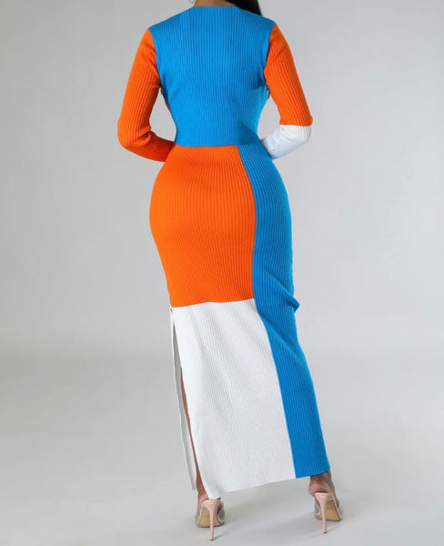 Women Sexy Color Patchwork Full Sleeve Ribbed Two Piece Maxi Skirt Set