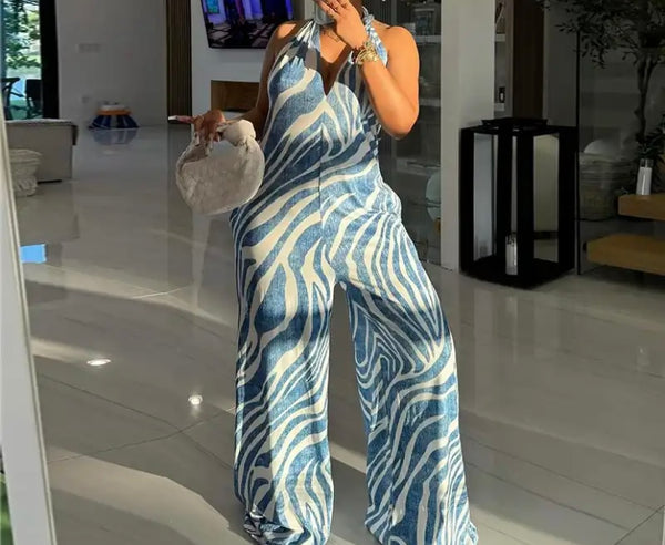 Women Halter Sleeveless Striped Wide Leg Fashion Jumpsuit