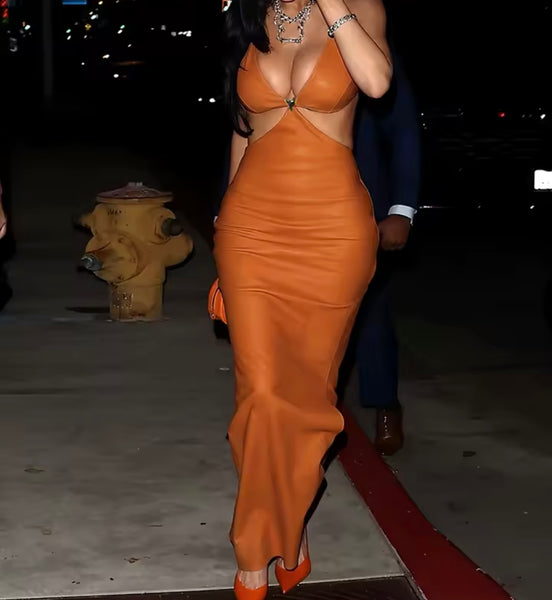 Women Sexy Sleeveless Orange Open Back Faux Leather Maxi Dress