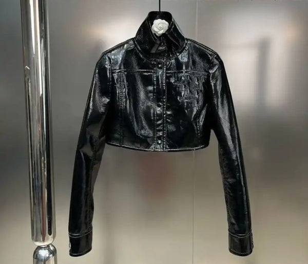 Women Black PU Fashion Two Piece Jacket Short Set