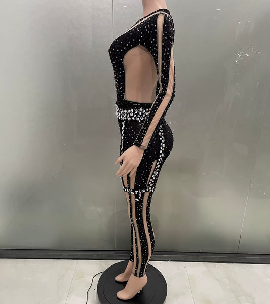 Women Sexy Black Bling Mesh Patchwork Full Sleeve Jumpsuit