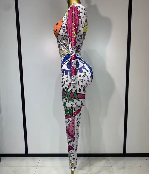 Women White Printed Rhinestone Full Sleeve Fashion Jumpsuit