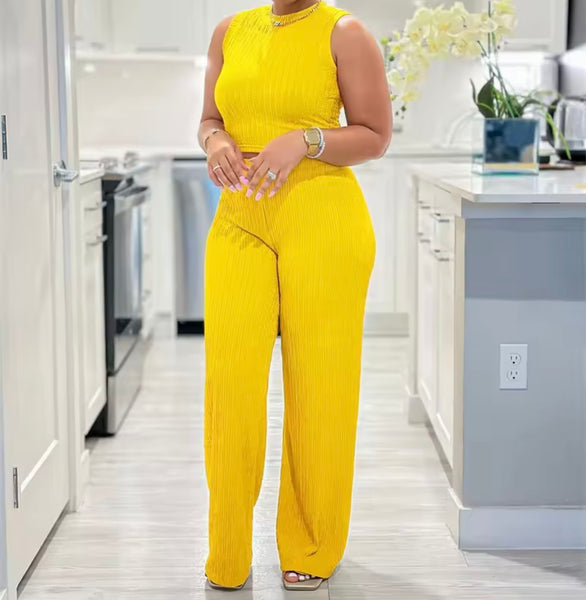 Women Sleeveless Ribbed Color Fashion Two Piece Pant Set
