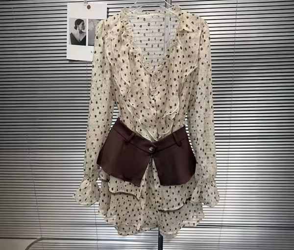 Women Mesh Polka Dot Ruffle Full Sleeve Two Piece Skirt Set