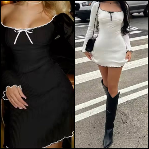 Women B&W Bow Ribbed Fashion Full Sleeve Dress