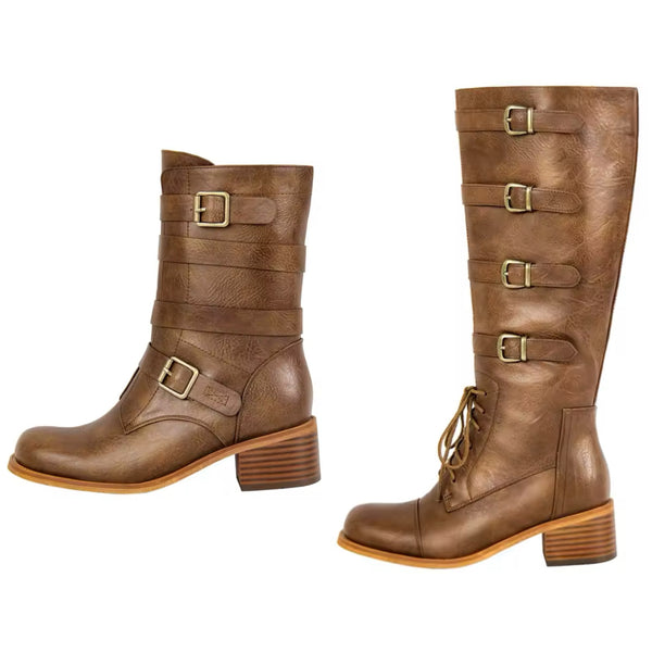 Women Fashion Brown Buckled Ankle/Knee High Boots