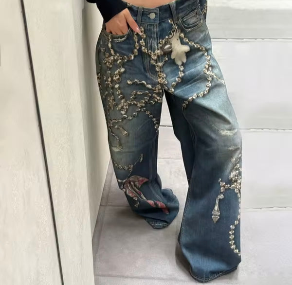 Women Rhinestone Chain Bow Fashion Denim Pants