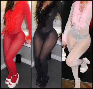 Women Sexy Feather Full Sleeve Mesh Feet In Jumpsuit