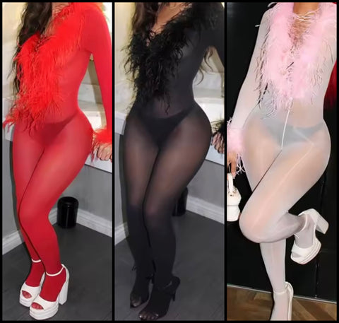 Women Sexy Feather Full Sleeve Mesh Feet In Jumpsuit