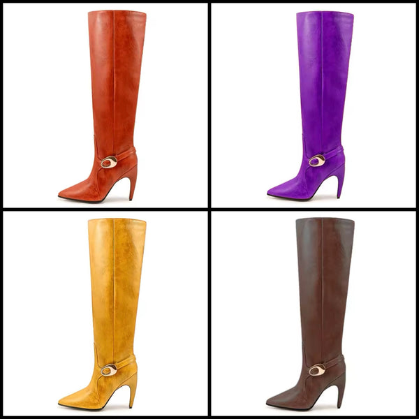 Women Buckled Faux Leather Fashion High Heel Knee High Boots