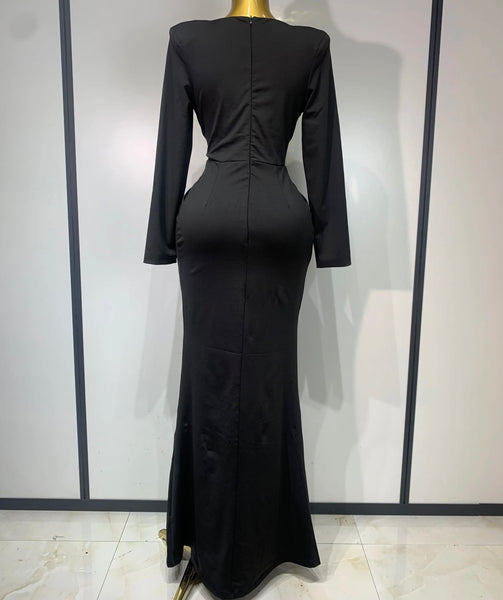 Women Sexy V-Neck Full Sleeve Ruched Rhinestone Maxi Dress