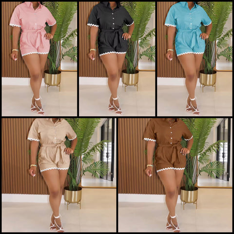 Women Button Up Short Sleeve Color Patchwork Belted Romper