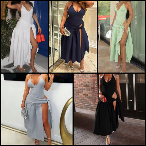 Women Sexy Sleeveless Solid Color Bodysuit Two Piece Skirt Set