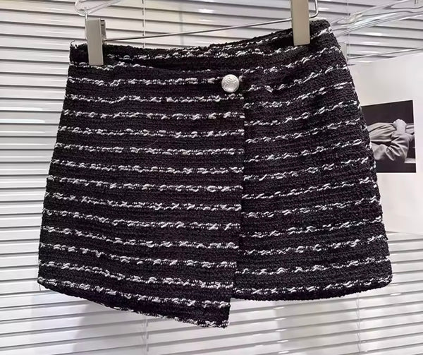 Women B&W Feather Button Up Blazer Two Piece Tweed Skirt Set