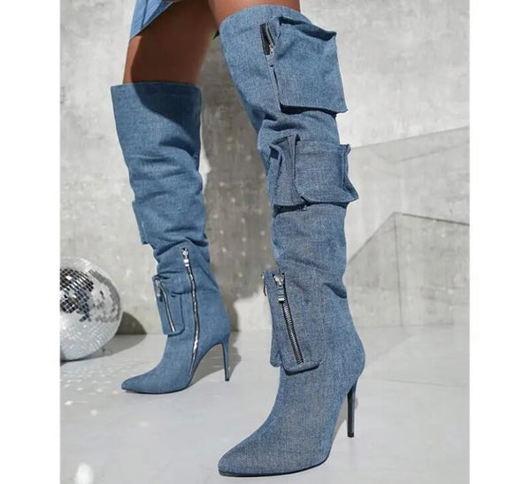 Women Fashion Zipper Pocket Knee High Boots