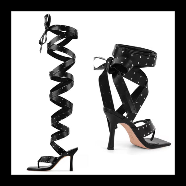 Women Fashion Black Rivet Gladiator High Heel Sandals