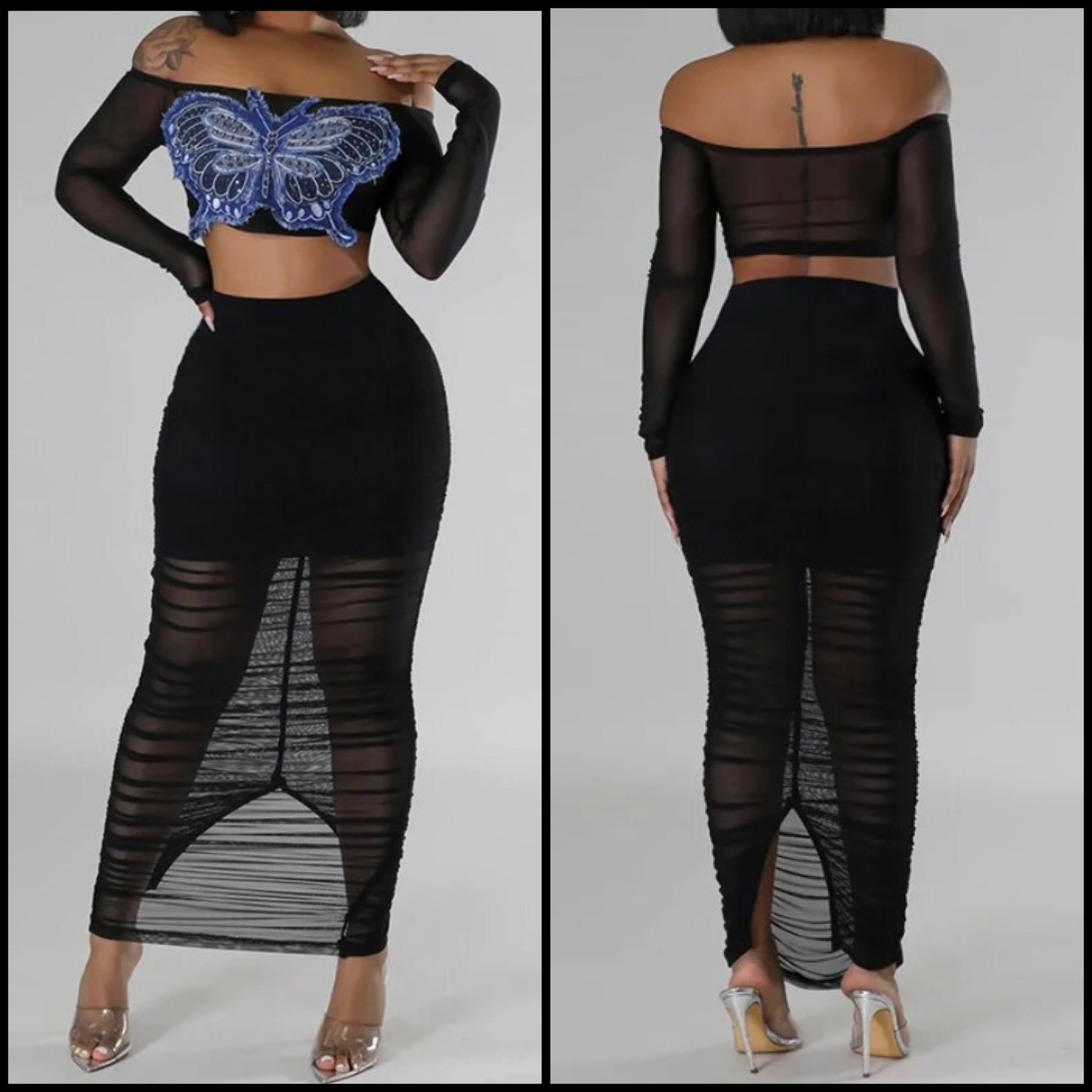 Women Sexy Off The Shoulder Butterfly Mesh Two Piece Skirt Set